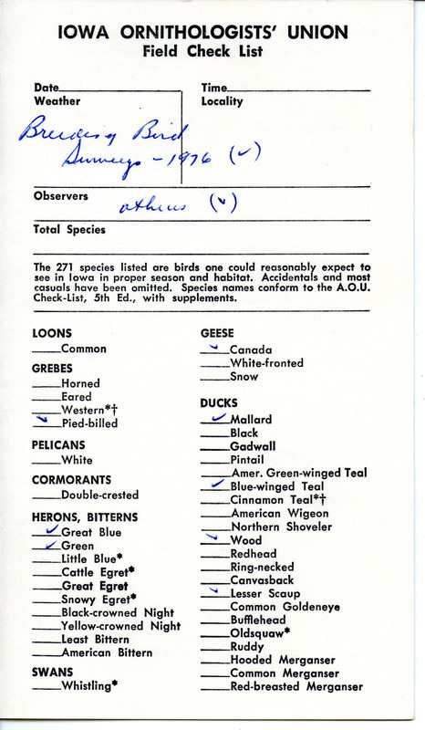 Iowa Ornithologists' Union Field Checklist--Breeding Bird Survey, 1976. This item was used as supporting documentation for the Iowa Ornithologists' Union Quarterly field report of Summer 1976.