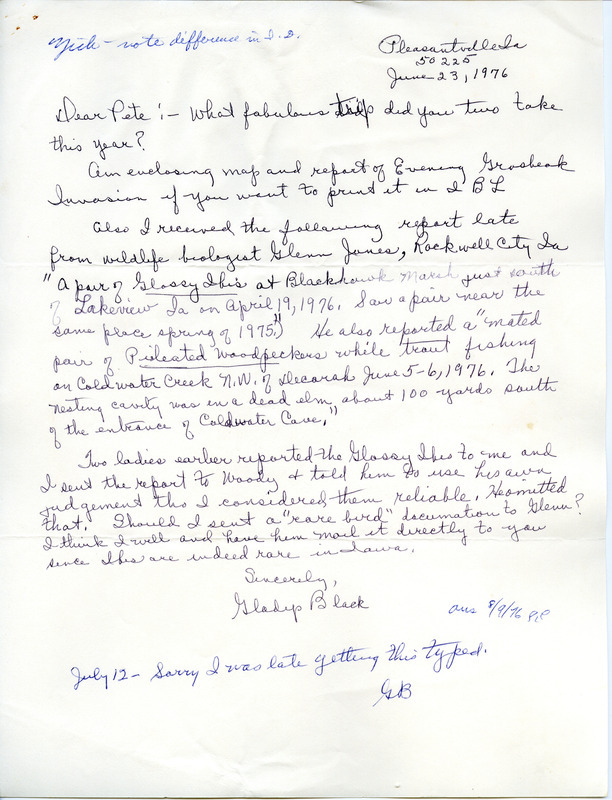 A letter from Gladys Black indicating bird sightings and locations in the summer of 1976. This item was used as supporting documentation for the Iowa Ornithologists' Union Quarterly field report of Summer 1976.