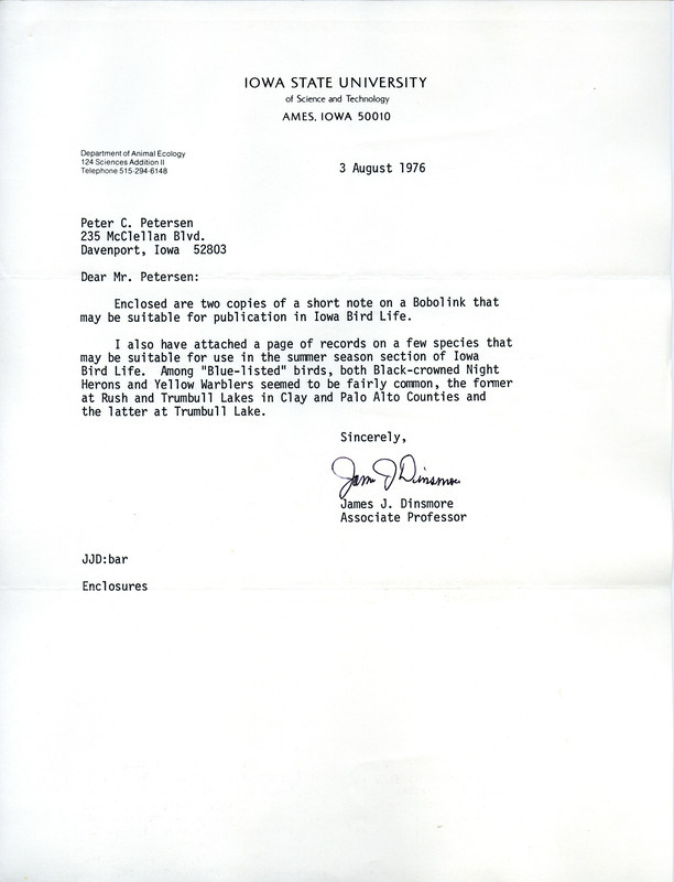 Bird sighting list and locations contributed by James J. Dinsmore. This item was used as supporting documentation for the Iowa Ornithologists' Union Quarterly field report of Summer 1976.