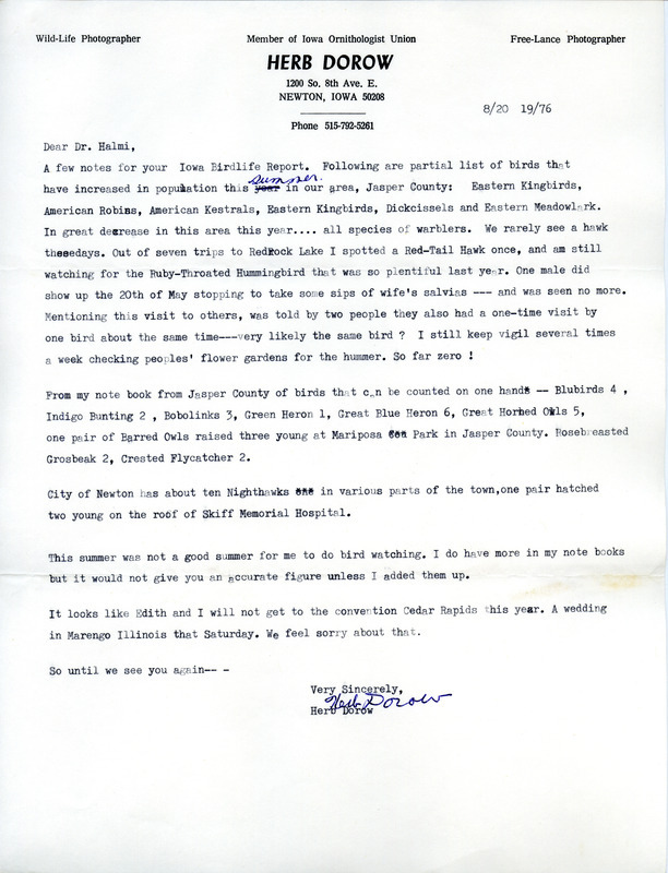 Bird sighting and locations in Jasper County contributed by Herb Dorow. This item was used as supporting documentation for the Iowa Ornithologists' Union Quarterly field report of Summer 1976.