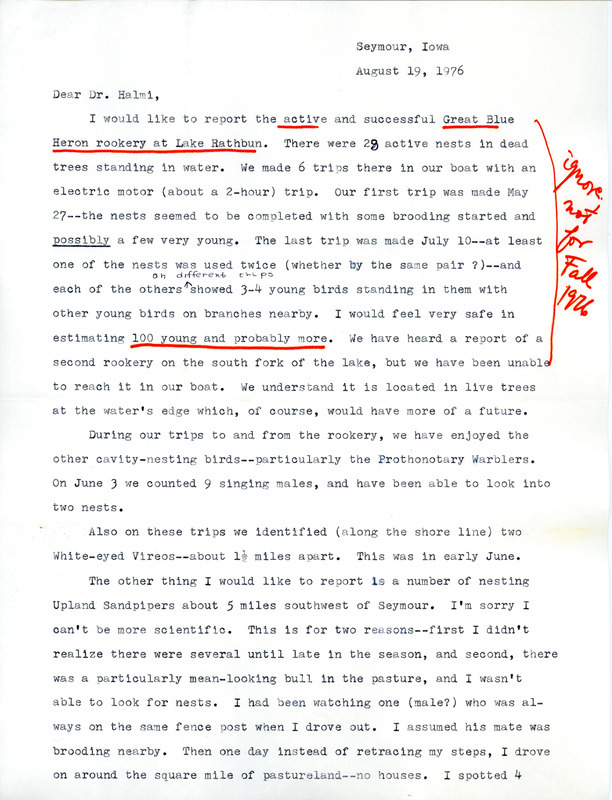 Bird sighting list and a detailed description of a Great Blue Heron rookery at Lake Rathbun. This item was used as supporting documentation for the Iowa Ornithologists' Union Quarterly field report of Summer 1976.