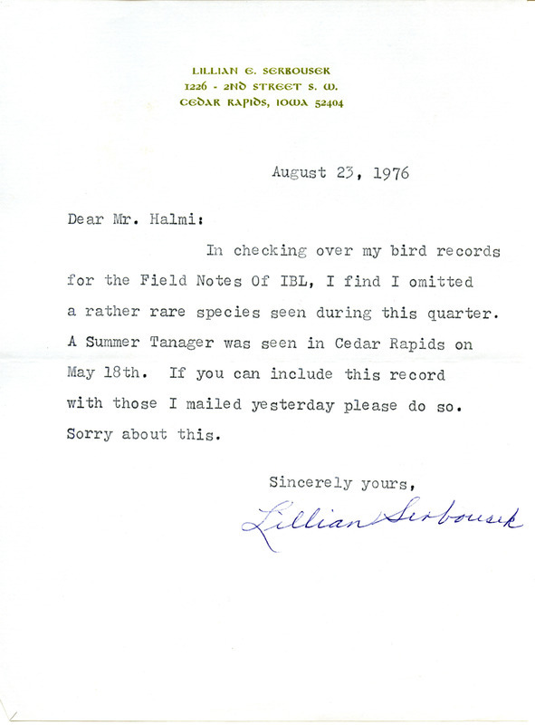 Letter from Lillian E. Serbousek regarding a rare bird sighting on May 18, 1976 in Cedar Rapids.