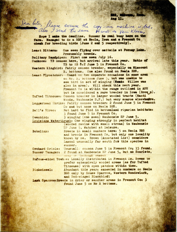 List of birds and locations contributed by Ross Silcock. This item was used as supporting documentation for the Iowa Ornithologists' Union Quarterly Field Report of Summer 1976.