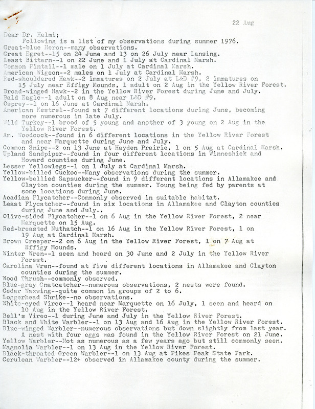 Bird sightings list and locations compiled by Darwin Koenig. This item was used as supporting documentation for the Iowa Ornithologists' Union Quarterly field report of Summer 1976.