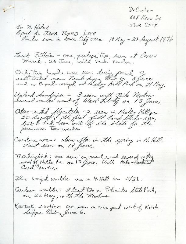 Bird sightings list for the Iowa City area between August 19-20, 1976. This item was used as supporting documentation for the Iowa Ornithologists' Union Quarterly field report of Summer 1976.