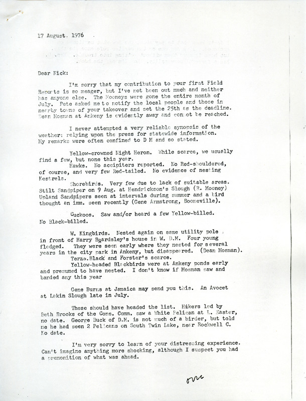 Bird sightings list and locations compiled by Woodward Brown. This item was used as supporting documentation for the Iowa Ornithologists' Union Quarterly field report of Summer 1976.