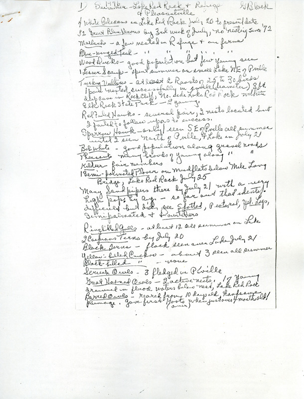 Bird sighting field notes compiled by Gladys Black. This item was used as supporting documentation for the Iowa Ornithologists' Union Quarterly field report for the summer of 1976.