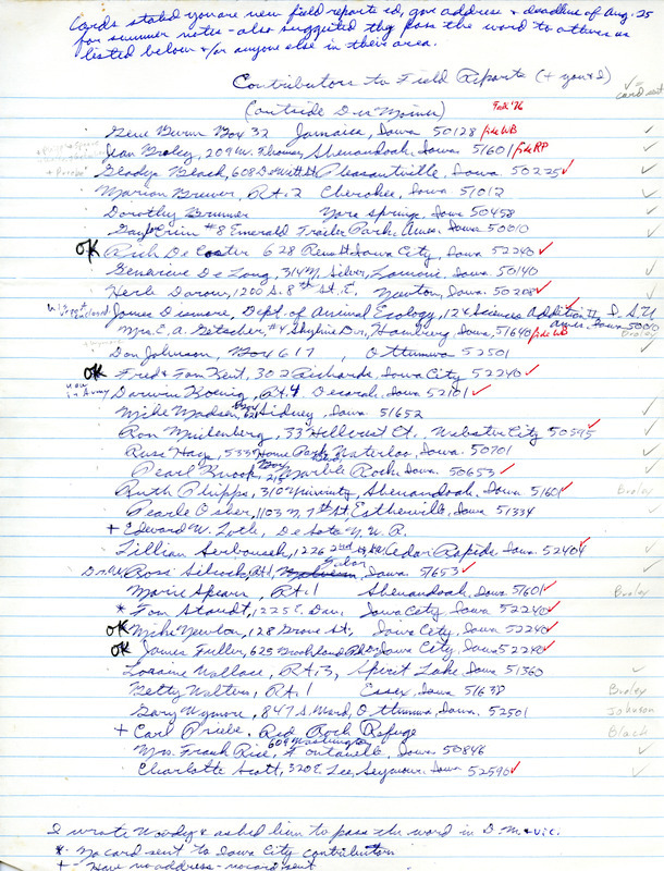 Bird sighting list and locations.This item was used as supporting documentation for the Iowa Ornithologists Union Quarterly field report of Summer 1976.