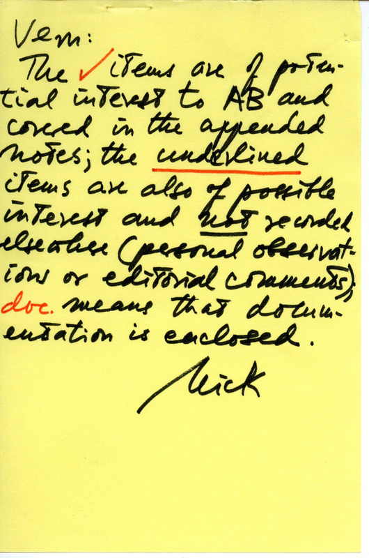 Annotated quarterly field report for Fall 1976 titled "Field reports." A handwritten note addressed to Vernon M. Kleen explaining the annotations in the report is signed by Nicholas S. Halmi.