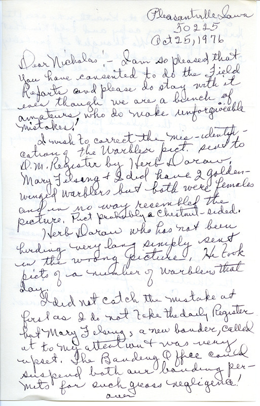 Fall migration report contributed by Gladys Black in a letter to Nicholas Halmi, October 25, 1976. This item was used as supporting documentation for the Iowa Ornithologists' Union Quarterly field report of Fall 1976.