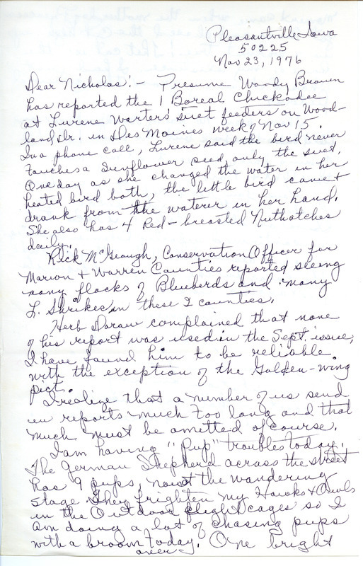 Fall migration report contributed by Gladys Black in a letter to Nicholas S. Halmi, November 23, 1976. This item was used as supporting documentation for the Iowa Ornithologists' Union Quarterly field report of fall 1976.