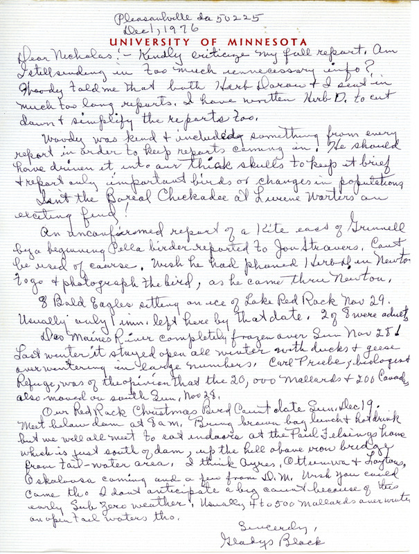 Fall migration report contributed by Gladys Black in a letter to Nicholas S. Halmi, December 1, 1976. This item was used as supporting documentation for the Iowa Ornithologists' Union Quarterly field report of Fall 1976.