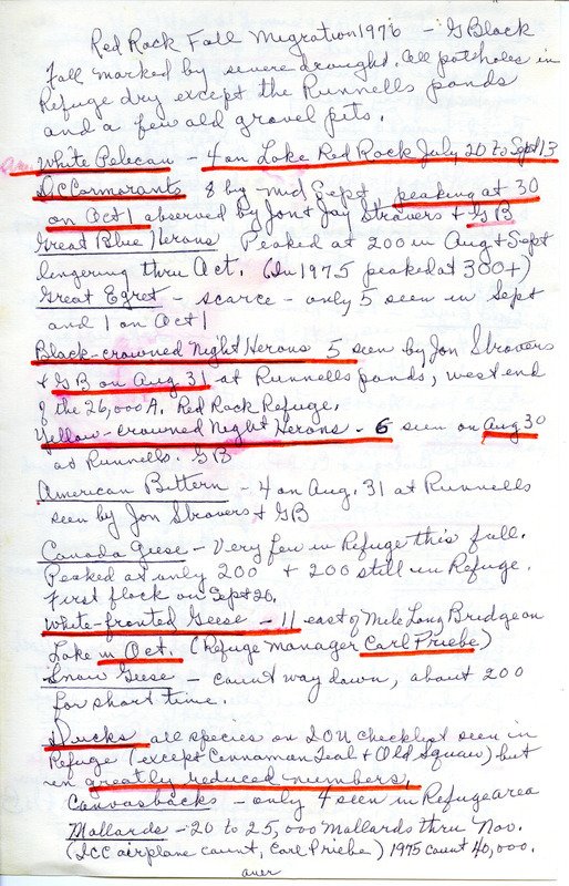 Fall migration report for Red Rock, Iowa contributed by Gladys Black. This item was used as supporting documentation for the Iowa Ornithologists' Union Quarterly field report of Fall 1976.