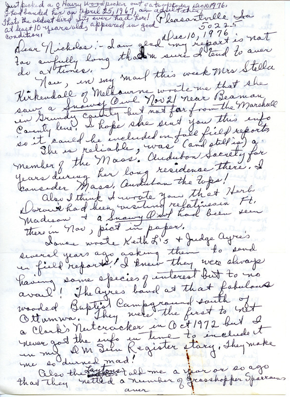 Fall migration report contributed by Gladys Black in a letter to Nicholas S. Halmi, December 10, 1976. This item was used as supporting documentation for the Iowa Ornithologists' Union Quarterly field report of fall 1976.