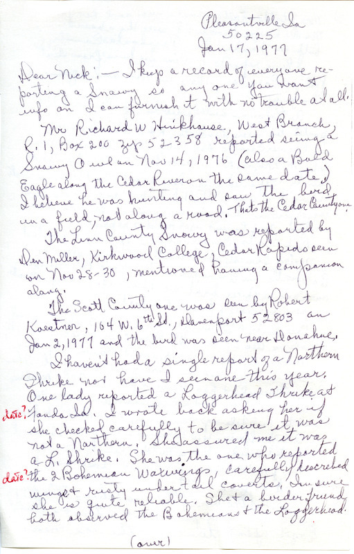 Fall migration report contributed by Gladys Black in a letter to Nicholas S. Halmi, January 17, 1977. This item was used as supporting documentation for the Iowa Ornithologists' Union Quarterly field report of fall 1976.