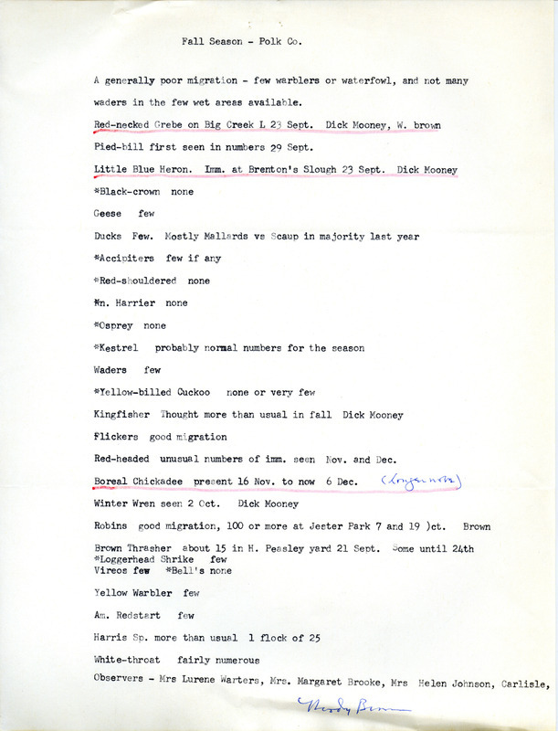 Fall migration report for Polk County, Iowa contributed by Woodward H. Brown. This item was used as supporting documentation for the Iowa Ornithologists' Union Quarterly field report of Fall 1976.