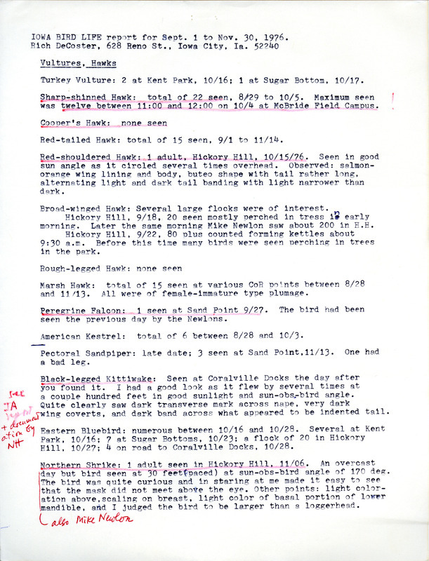 Iowa Bird Life report contributed by Rich DeCoster, December 3, 1976. This item was used as supporting documentation for the Iowa Ornithologists' Union Quarterly field report of Fall, 1976.