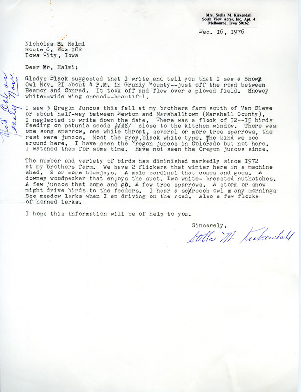 Fall migration report contributed by Stella M. Kirkendall in a letter to Nicholas S. Halmi, December 16, 1976. This item was used as supporting documentation for the Iowa Ornithologists' Union Quarterly field report of fall 1976.