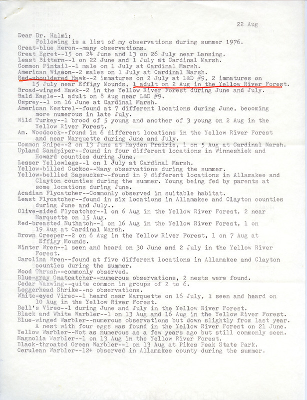 Fall migration report contributed by Darwin Koenig in a letter to Nicholas S. Halmi, August 22, 1976. This item was used as supporting documentation for the Iowa Ornithologists' Union Quarterly field report of fall 1976.