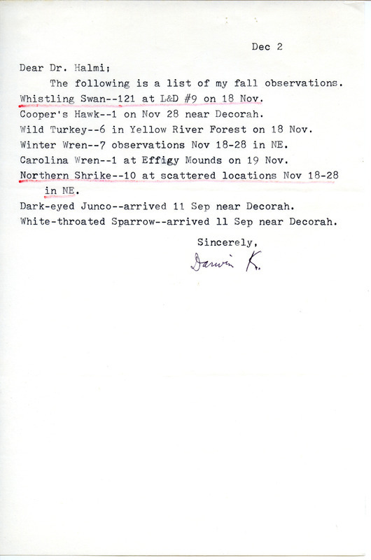 Fall migration report contributed by Darwin Koenig in a letter to Nicholas S. Halmi, August 22, 1976. This item was used as supporting documentation for the Iowa Ornithologists' Union Quarterly field report of fall 1976.