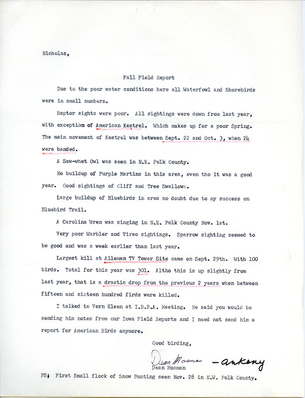 Fall migration report contributed by Dean Mosman in a letter to Nicholas S. Halmi. This item was used as supporting documentation for the Iowa Ornithologists' Union Quarterly field report of Fall 1976.