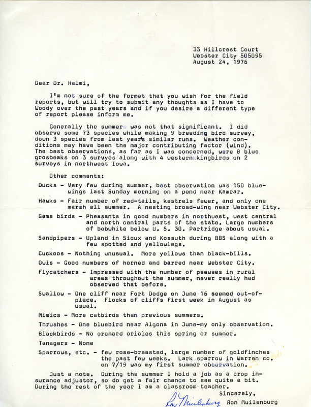 Fall migration report contributed by Ron Muilenburg in a letter to Nicholas S. Halmi, August 24, 1976. This item was used as supporting documentation for the Iowa Ornithologists' Union Quarterly field report of fall 1976.