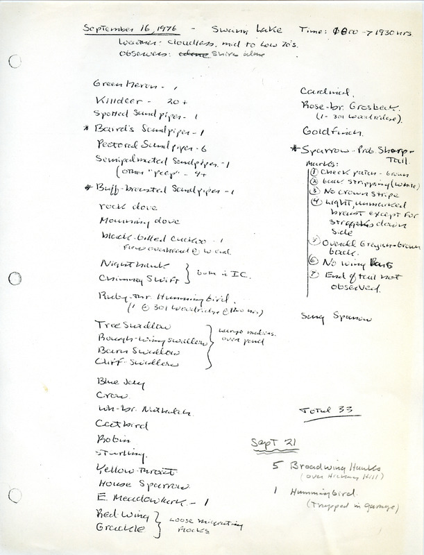 Bird sightings checklist for Swann [sic] Lake, September 16, 1976. This item was used as supporting documentation for the Iowa Ornithologists' Union Quarterly field report of fall 1976.