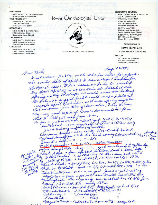 Fall migration report contributed by Peter C. Petersen in a letter to Nicholas S. Halmi, August 23, 1976. This item was used as supporting documentation for the Iowa Ornithologists' Union Quarterly field report of fall 1976.