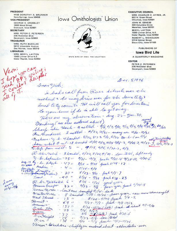 Fall migration report contributed by Peter C. Petersen in a letter to Nicholas S. Halmi, December 5, 1976. This item was used as supporting documentation for the Iowa Ornithologists' Union Quarterly field report of fall 1976.