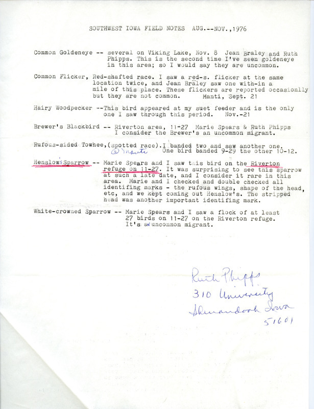 Field notes for Southwest Iowa contributed by Ruth Phipps. This item was used as supporting documentation for the Iowa Ornithologists' Union Quarterly field report of Fall 1976.