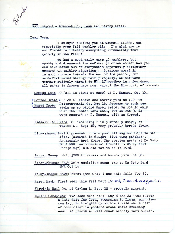 Fall report for Fremont County Iowa and nearby areas contributed by W. Ross Silcock in a letter to Vernon M. Kleen. This item was used as supporting documentation for the Iowa Ornithologists' Union Quarterly field report of fall 1976.