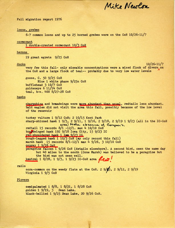 Field notes contributed by Michael C. Newlon. This item was used as supporting documentation for the Iowa Ornithologists' Union Quarterly field report of fall 1976.