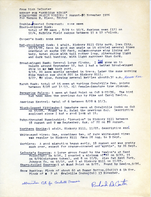 Report for "American Birds" Midwestern Prairie Region" contributed by Rich DeCoster. This item was used as supporting documentation for the Iowa Ornithologists' Union Quarterly field report of Fall 1976.