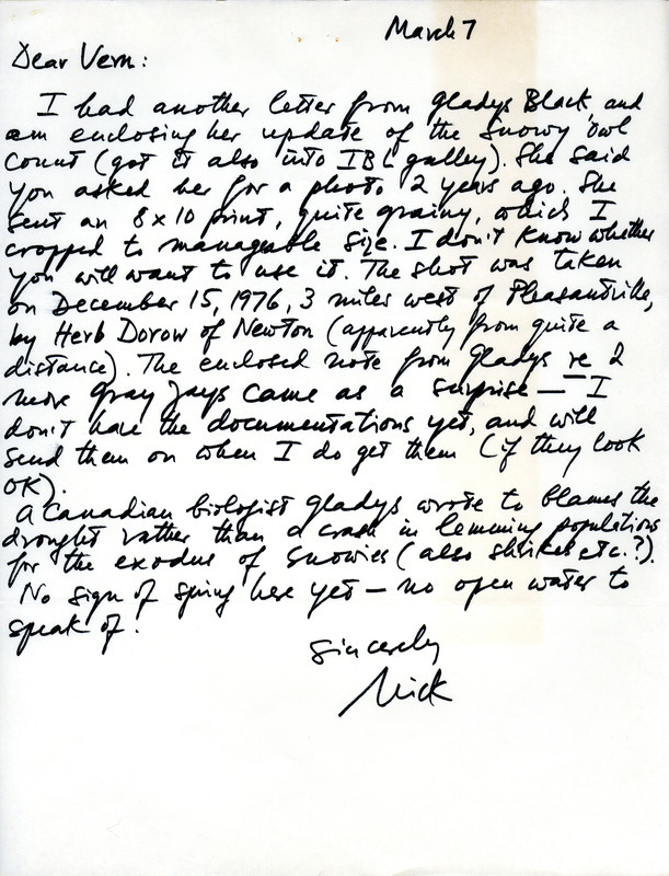 Quarterly field report for winter 1976-1977 titled "Field reports." It is published in Iowa Bird Life March 1977. The report is an annotated draft. Supporting documentation includes a Nicholas S. Halmi letter to Vernon M. Kleen regarding an update on sightings from Gladys Black, March 7, 1977. This item was used as supporting documentation for the Iowa Ornithologists' Union Quarterly field report of winter 1976-1977.