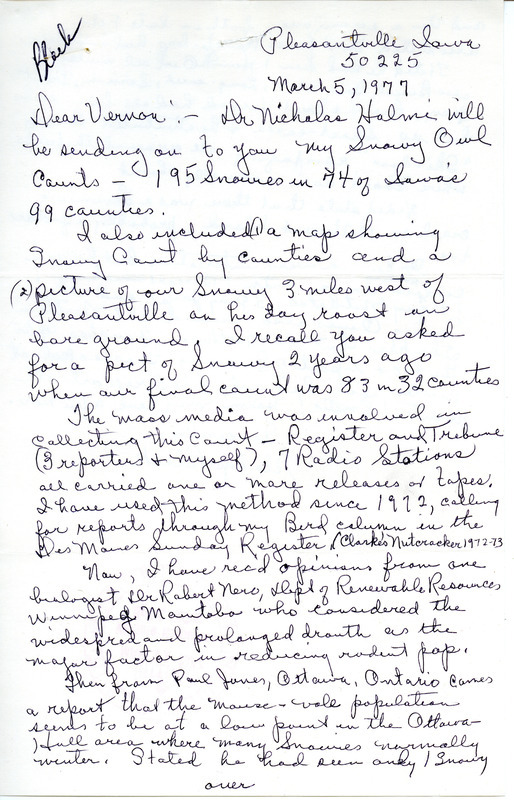 Bird sightings and an enclosed map showing a County of Snowy Owls contributed by Gladys Black in a letter to Vernon M. Kleen. This item was used as supporting documentation for the Iowa Ornithologists' Union Quarterly field report of winter 1976-1977.