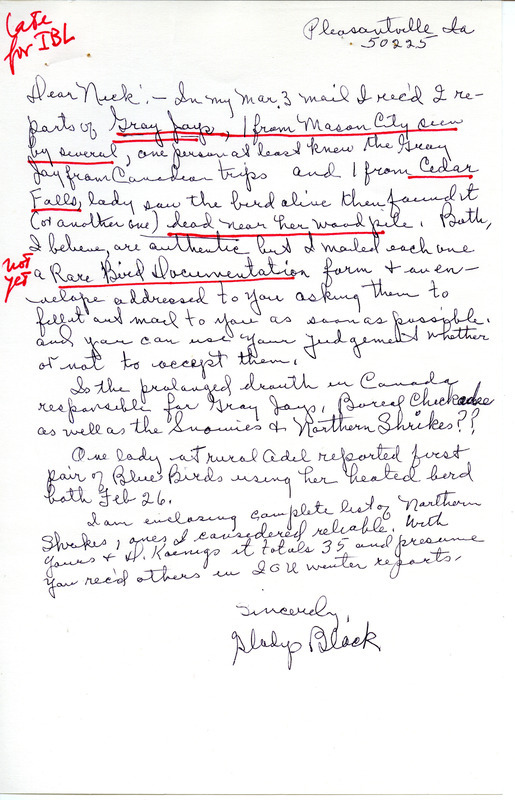 Bird sighting contributed by Gladys Black in a letter to Nicholas S. Halmi. Enclosed with the letter is a checklist for Iowa Northern Shrikes. This item was used as supporting documentation for the Iowa Ornithologists' Union Quarterly field report of winter, 1976-1977.