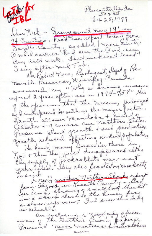 Bird counts of Snowy Owls in Iowa counties and Northern Shrike in Kossuth County contributed by Gladys Black in a letter to Nicholas S. Halmi. This item was used as supporting documentation for the Iowa Ornithologists' Union Quarterly field report of winter 1976-1977.