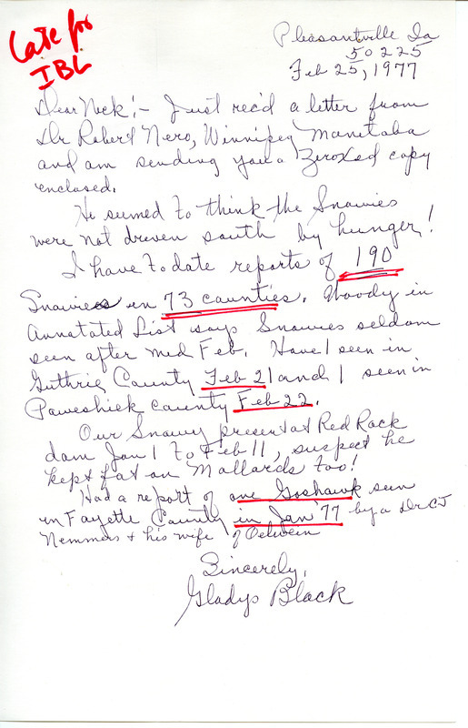 Sightings of Snowy Owls in Guthrie County, Poweshiek County, and Lake Red Rock and a Goshawk in Fayette County contributed by Gladys Black in a letter to Nicholas S. Halmi. This item was used as supporting documentation for the Iowa Ornithologists' Union Quarterly field report of winter 1976-1977.