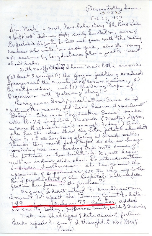 Bird counts of Snowy Owls and counts of Northern Shrike, Red-tailed Hawks and Kestrels in Lucas County contributed by Gladys Black in a letter to Nicholas S. Halmi. This item was used as supporting documentation for the Iowa Ornithologists' Union Quarterly field report of winter 1976-1977.