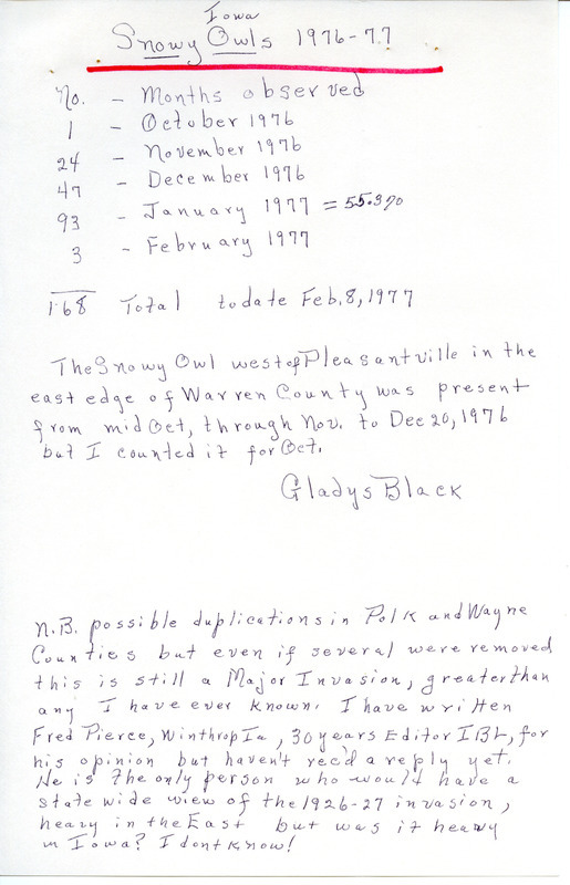 Iowa Snowy Owls report and sighting map contributed by Gladys Black. This item was used as supporting documentation for the Iowa Ornithologists' Union Quarterly field report of winter, 1976-1977.