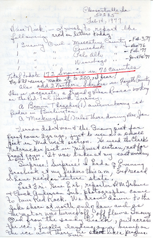 Bird sightings of Snowy Owls, Northern Shrikes in Fayette County and Brown Thrasher and Mockingbird in Burlington contributed by Gladys Black in a letter to Nicholas S. Halmi. This item was used as supporting documentation for the Iowa Ornithologists' Union Quarterly field report of winter 1976-1977.