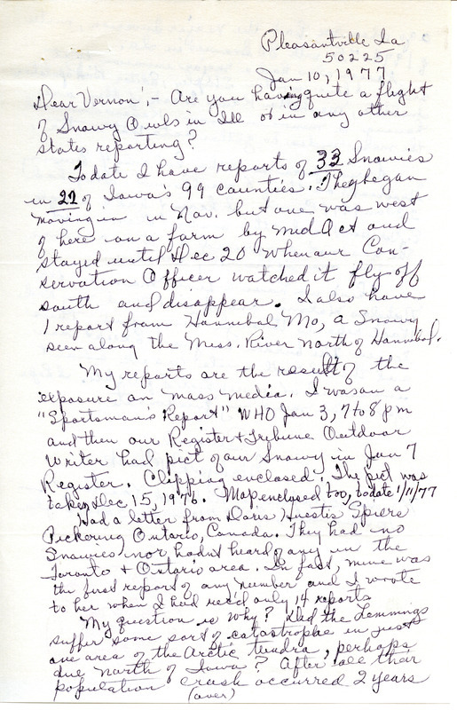 Bird sightings were contributed by Gladys Black in a letter to Vernon M. Kleen. Her report on the Snowy Owls County includes a sighting map. The Red Rock Christmas County and the absence of Evening Grosbeaks are mentioned in the report. This item was used as supporting documentation for the Iowa Ornithologists' Union Quarterly field report of winter 1976-1977.