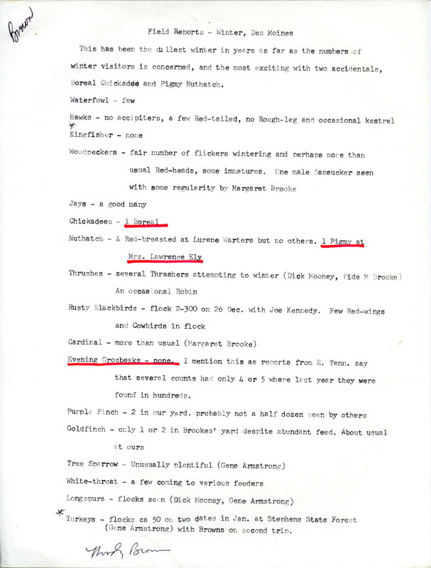 Field report for Des Moines including sightings of a Boreal Chickadee and Pygmy Nuthatch contributed by Woodward H. Brown. This item was used as supporting documentation for the Iowa Ornithologists' Union Quarterly field report of winter, 1976-1977.