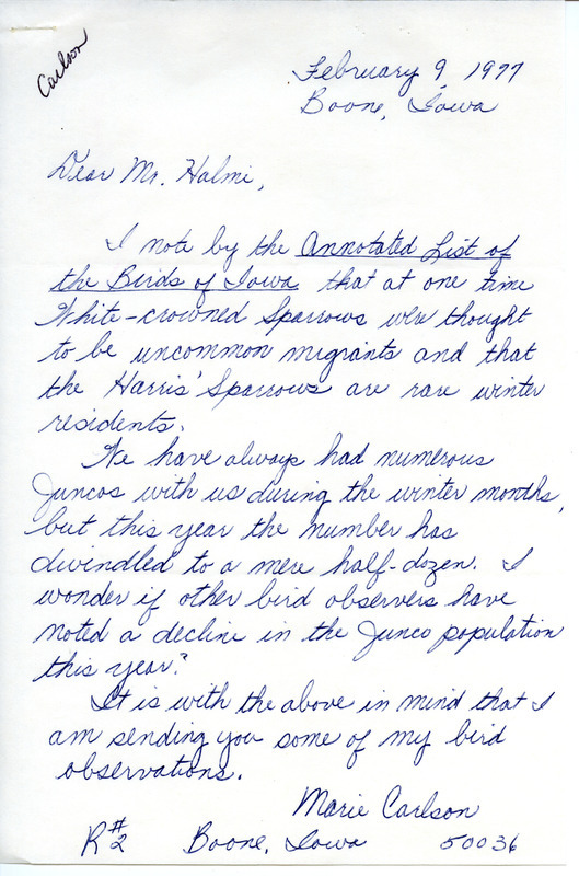 Bird sightings were contributed by Marie Carlson in a letter to Nicholas S. Halmi. This item was used as supporting documentation for the Iowa Ornithologists' Union Quarterly field report of winter 1976-1977.