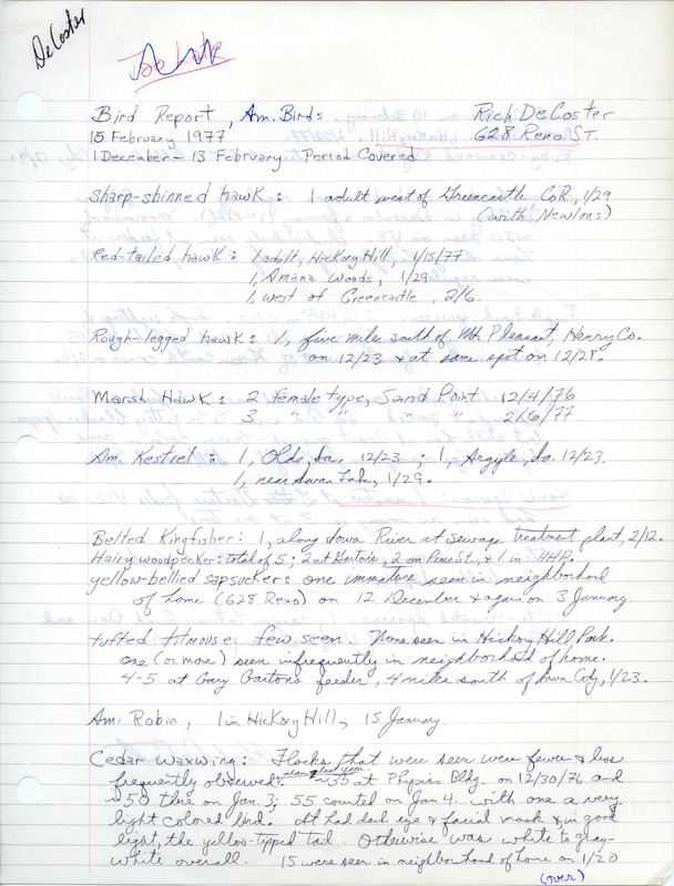 Bird sightings contributed by Rich DeCoster This item was used as supporting documentation for the Iowa Ornithologists' Union Quarterly field report of winter 1976-1977.