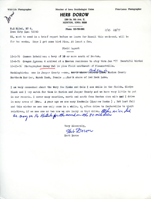 Bird sightings contributed by Herb Dorow in a letter to Nicholas S. Halmi. This item was used as supporting documentation for the Iowa Ornithologists' Union Quarterly field report of winter, 1976-1977.