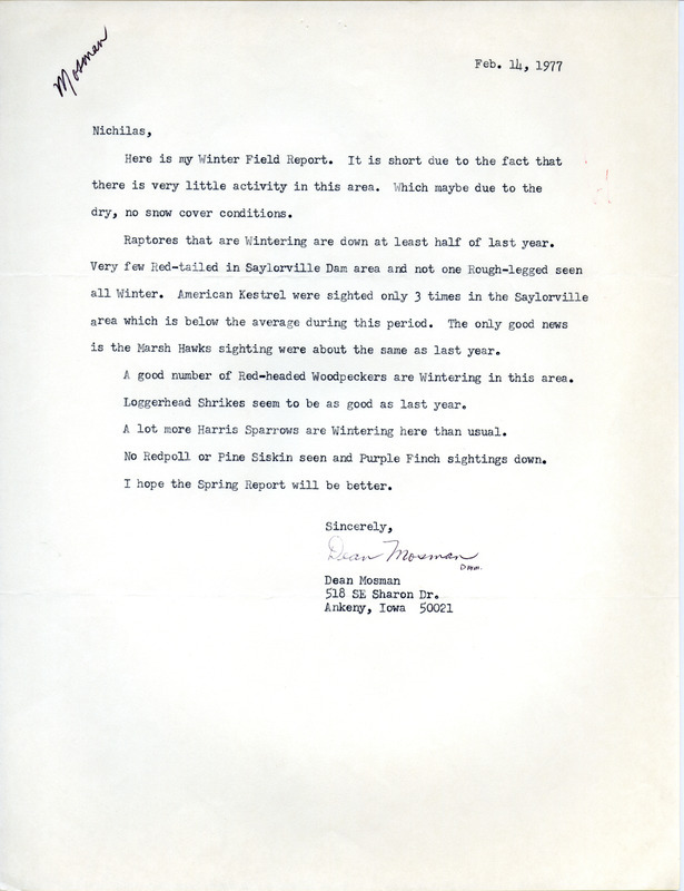 Bird sightings at Saylorville Dam contributed by Dean Mosman in a letter to Nicholas S. Halmi. This item was used as supporting documentation for the Iowa Ornithologists' Union Quarterly field report of winter, 1976-1977.