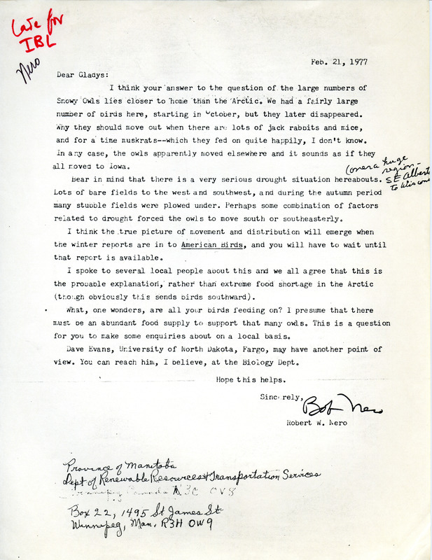 Snowy Owl migration from Canada to Iowa contributed by Robert W. Nero in a letter to Gladys Black.This item was used as supporting documentation for the Iowa Ornithologists' Union Quarterly field report of winter, 1976-1977.