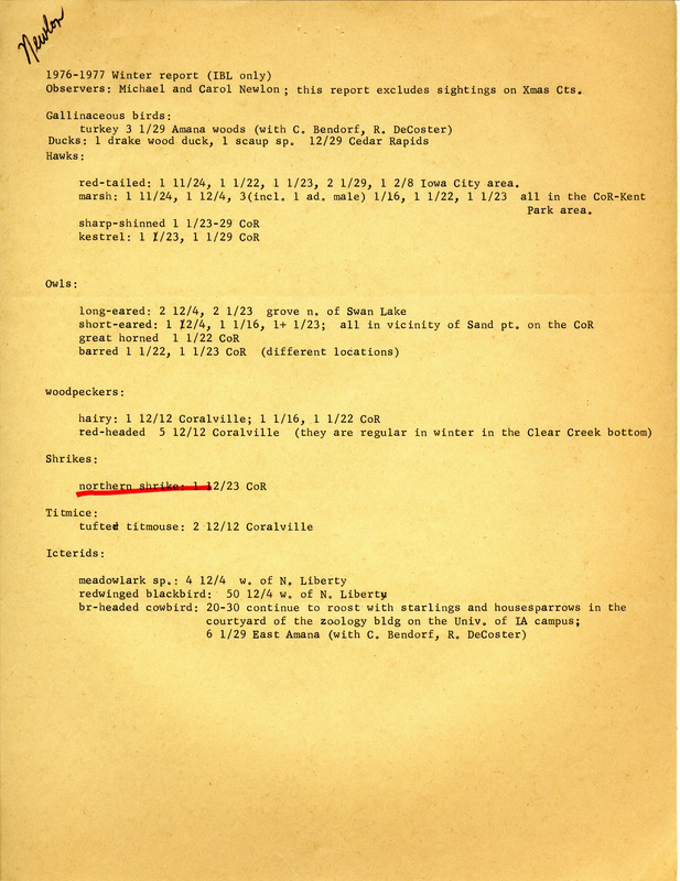 Field notes contributed by Michael C. Newlon and Carol Newlon. This item was used as supporting documentation for the Iowa Ornithologists' Union Quarterly field report of winter, 1976-1977.