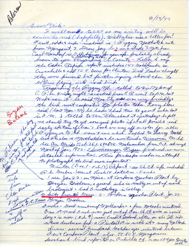 Bird sightings contributed by Peter C. Petersen in a letter to Nicholas S. Halmi. This item was used as supporting documentation for the Iowa Ornithologists' Union Quarterly field report of winter, 1976-1977.